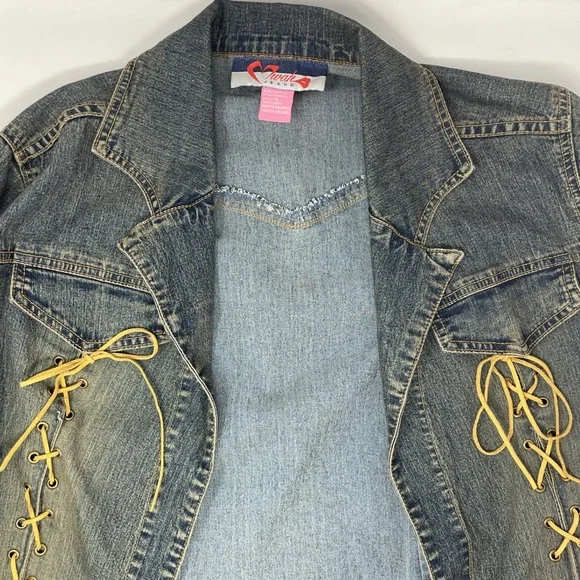 Mwah Jeans Y2K Acid Wash Denim duster Jacket Raw Frayed Edge Cord Leather Lacing - Picture 11 of 11